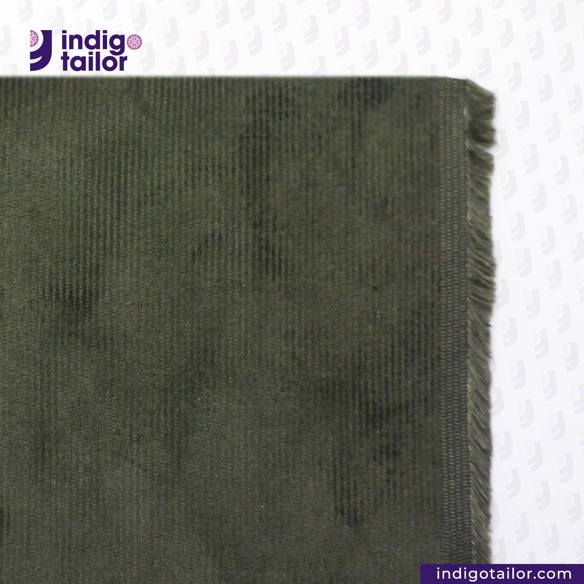 Close-up of OLIVE CORDUROY fabric with 'indigotailor' logo and website URL at the bottom.