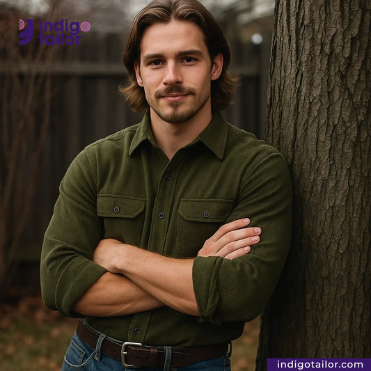 Man in a OLIVE CORDUROY shirt leaning against a tree with Indigo Tailor logo.