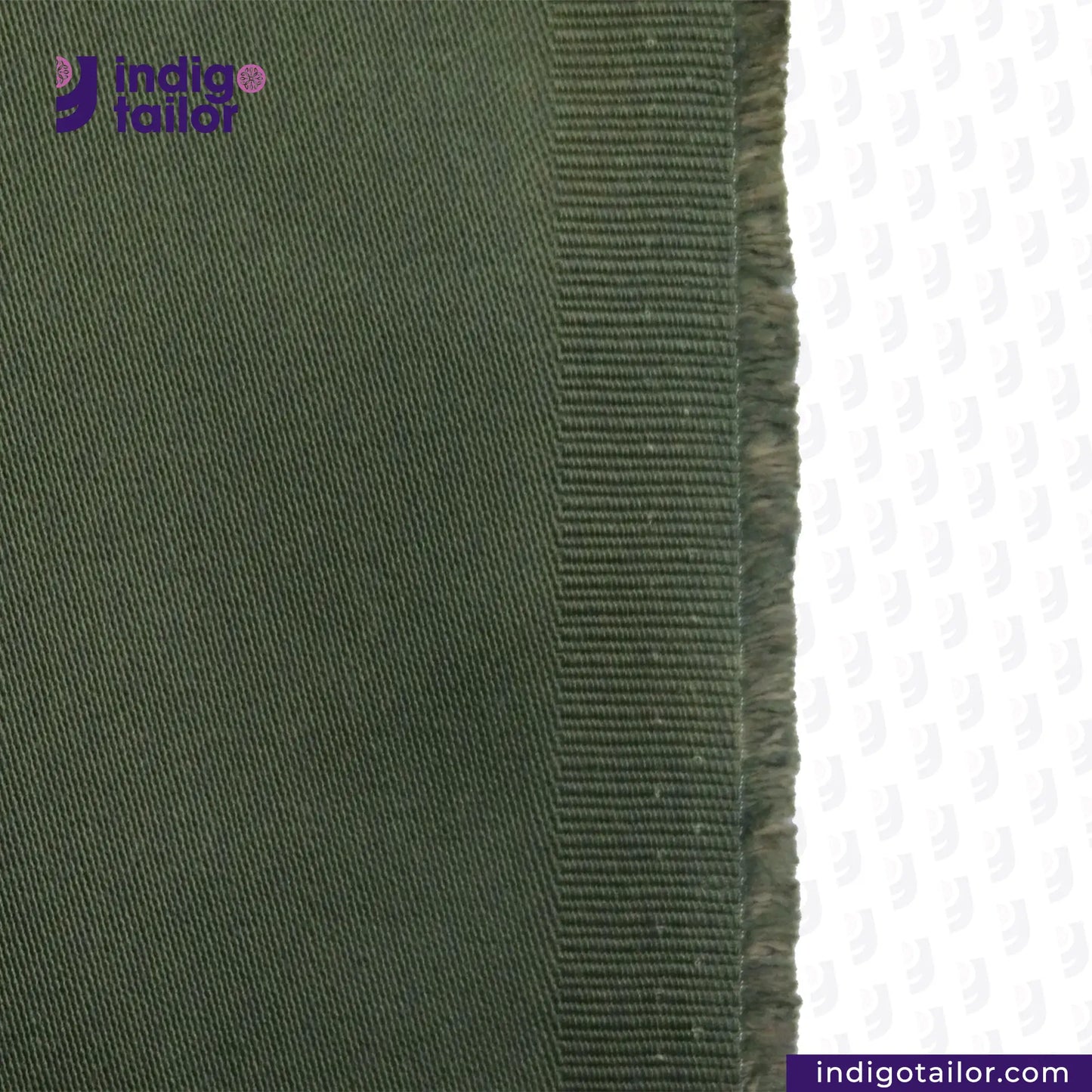 Close-up of OLIVE SATIN fabric with a ribbed texture on a white background, featuring the Indigotailor logo.