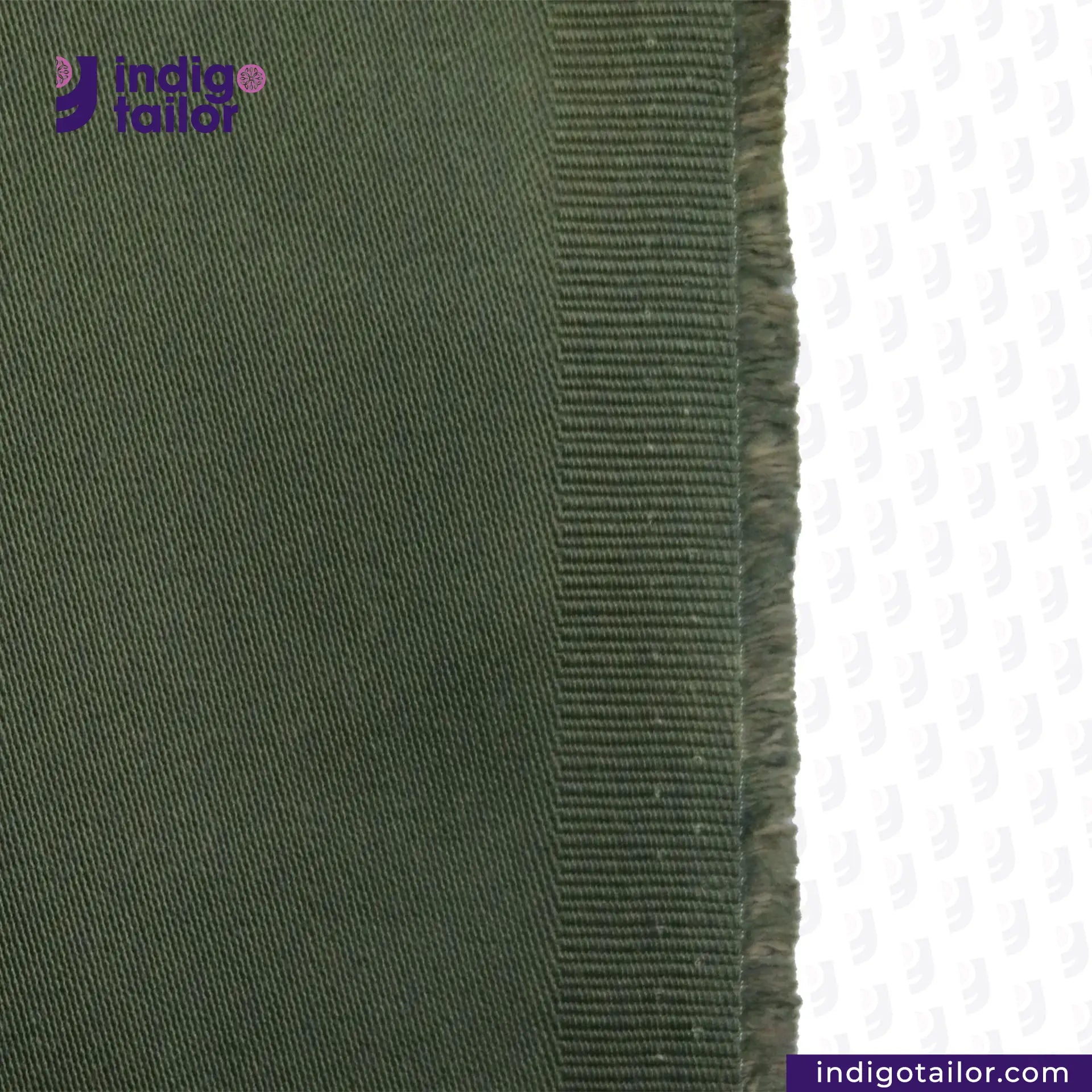 Close-up of OLIVE SATIN fabric with a ribbed texture on a white background, featuring the Indigotailor logo.