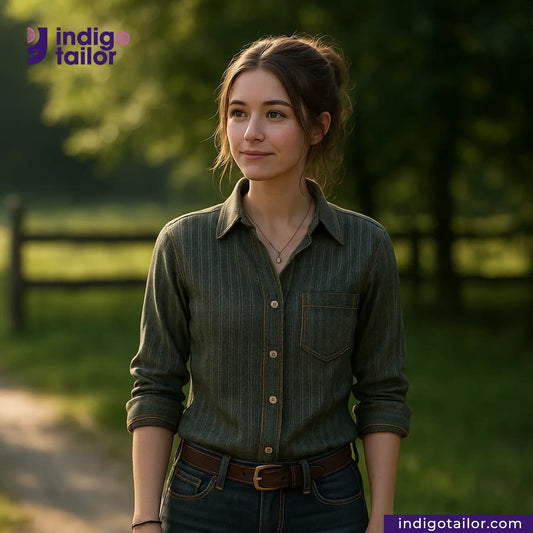 Woman wearing a OLIVE WABASH SELVEDGE DENIM shirt standing outdoors with 'Indigotailor' branding.