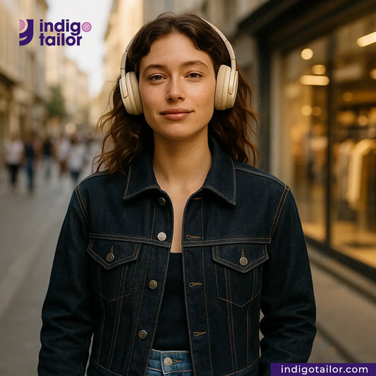 Woman wearing OMOTAI GREENCAST SELVEDGE DENIM jacket and headphones with Indigotailor logo in the corner
