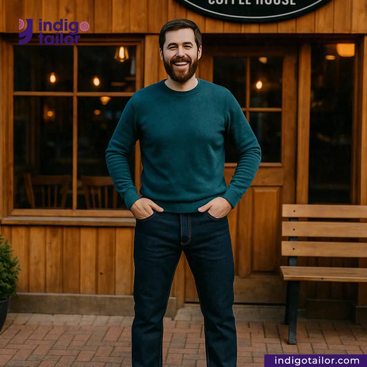 Man wearing a teal sweater and dark jeans standing in front of a wooden building with 'Indigotailor' branding.