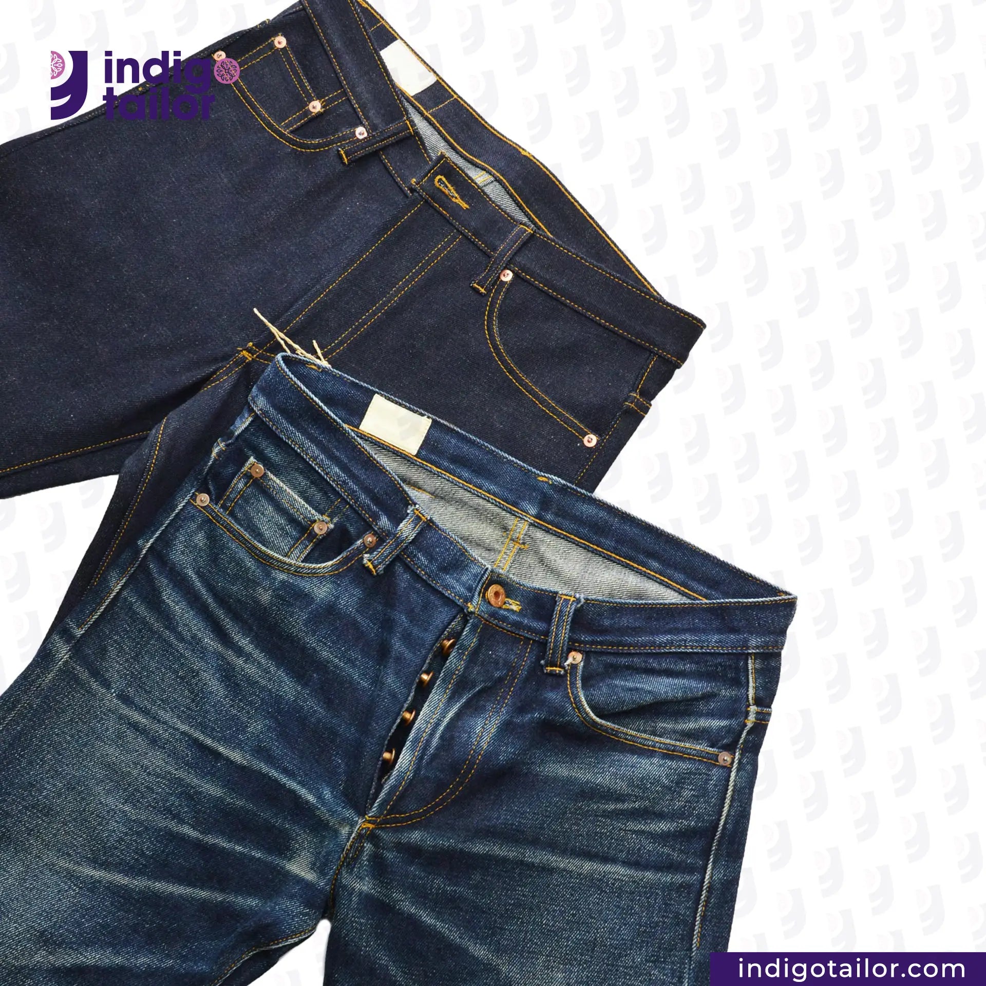 Pair of blue jeans with 'Indigo Tailor' branding on a white background