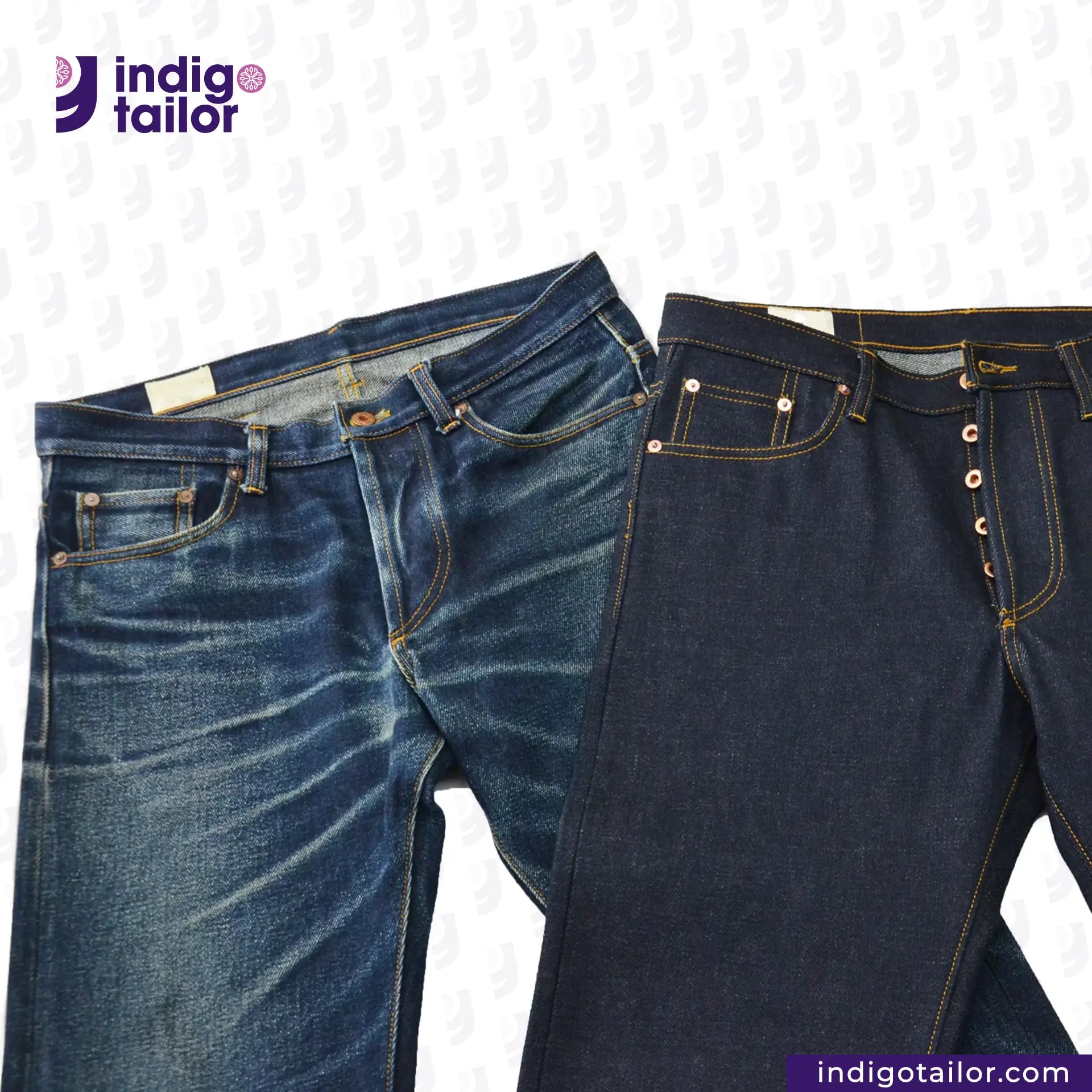 Two pairs of jeans displayed side by side with 'Indigotailor' branding.