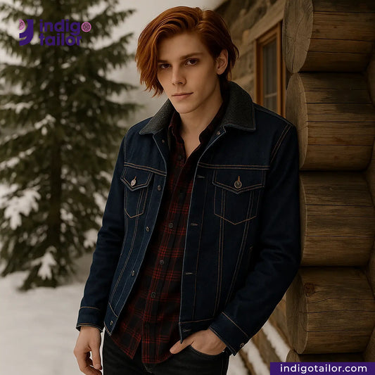 Man in a ORIGINAL BLUE SELVEDGE DENIM jacket standing in front of a wooden cabin with snow and trees in the background
