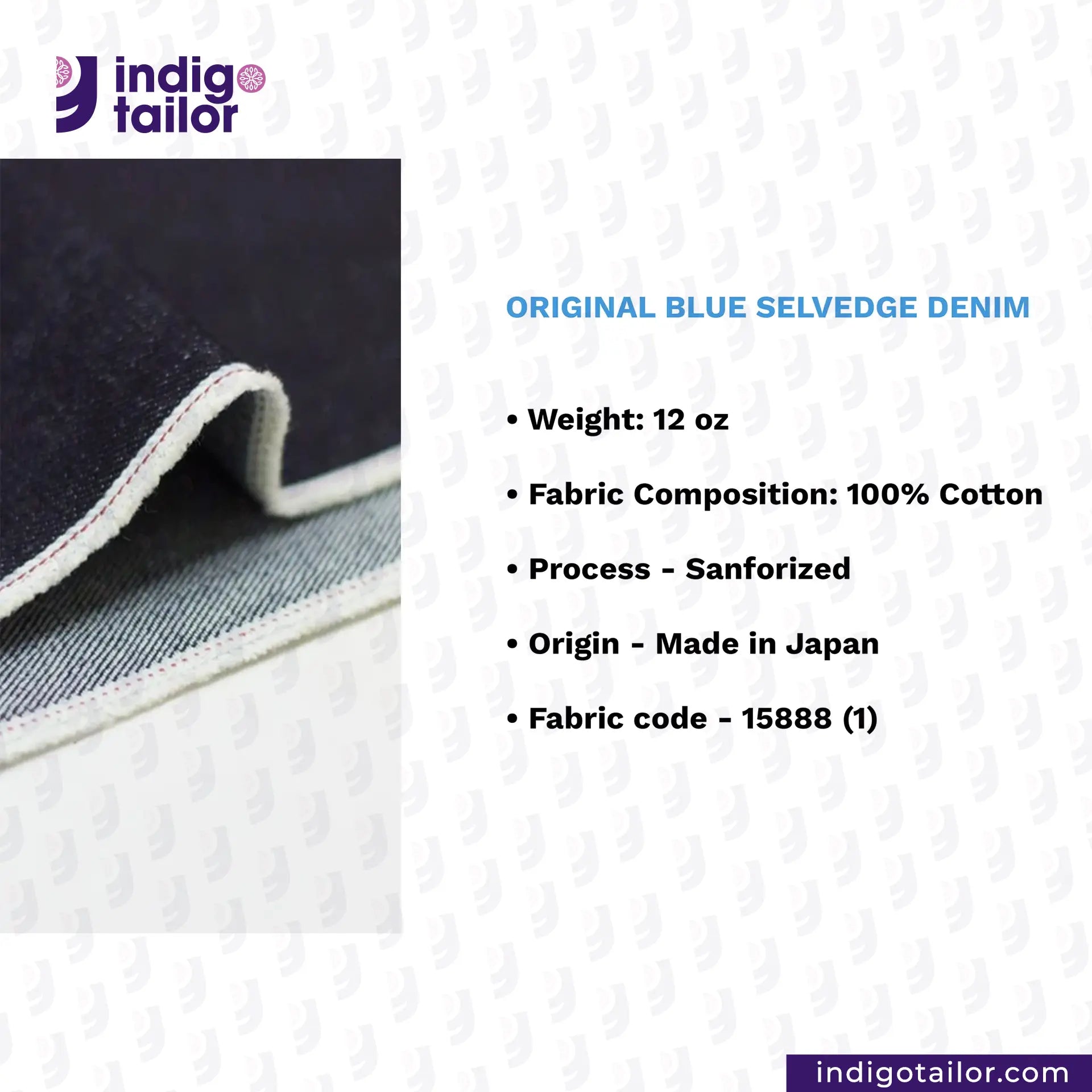 ORIGINAL BLUE SELVEDGE DENIM fabric with product details on a white background