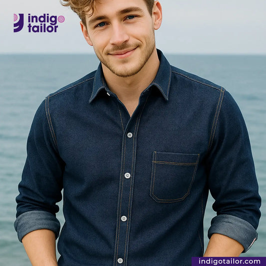 Man wearing a ORIGINAL BLUE SELVEDGE DENIM shirt with a blurred ocean background and Indigotailor logo.