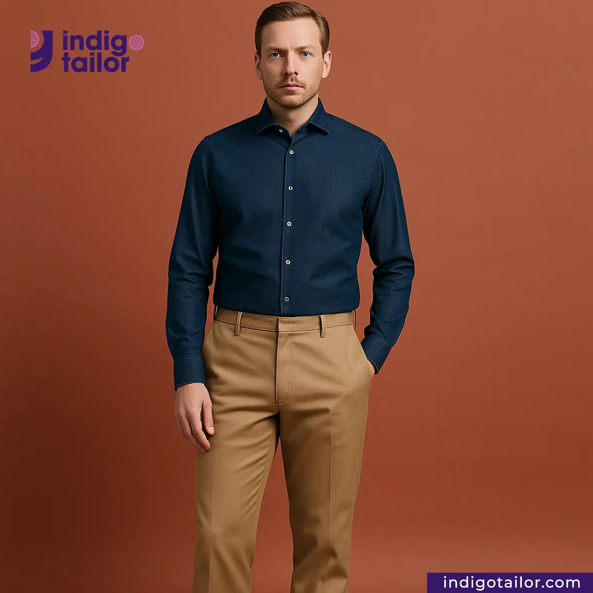 Man wearing a navy shirt and Officer Trousers (Khaki) pants against a brown background with 'Indigotailor' branding.