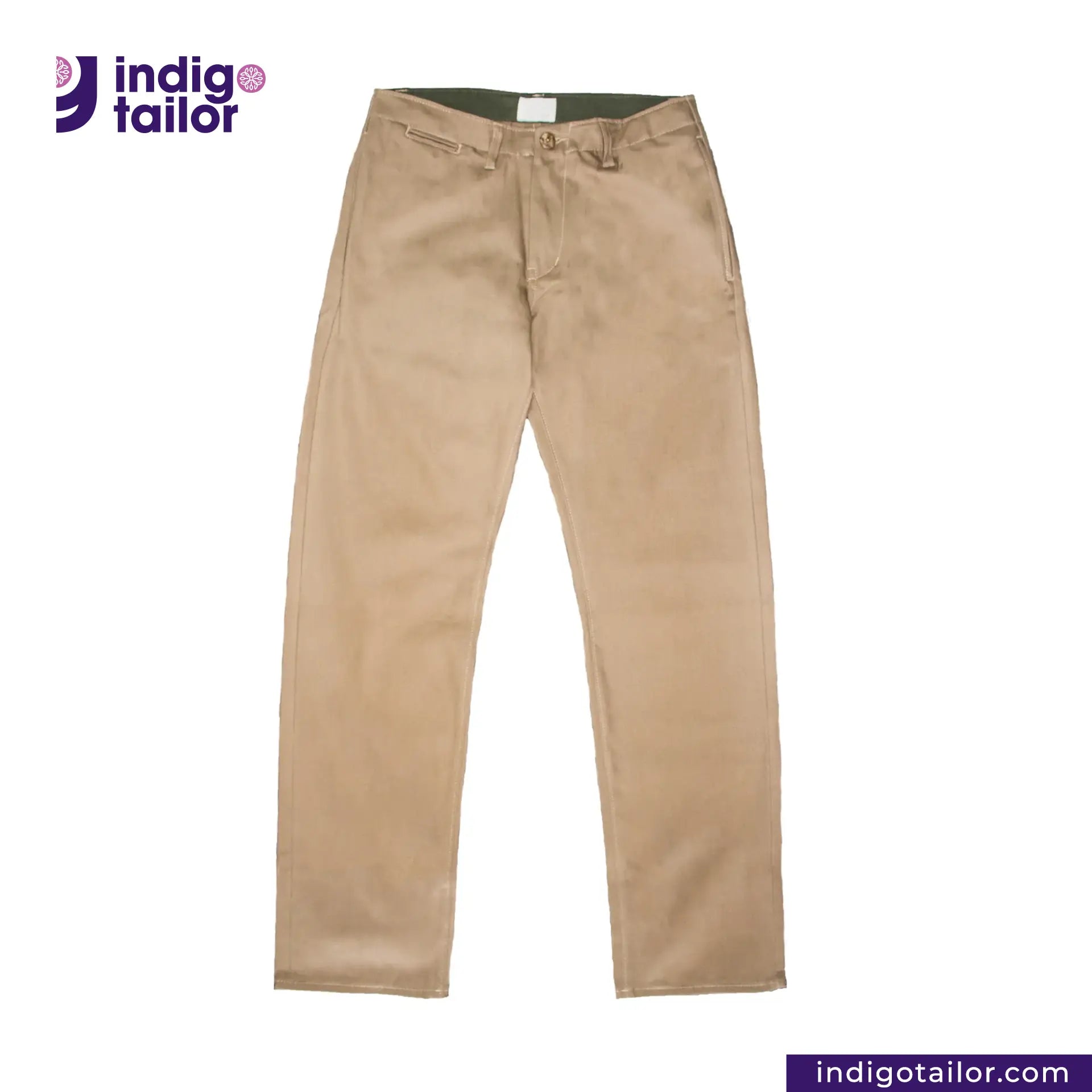 Officer Trousers (Khaki) pants with 'Indigo Tailor' logo and website on a white background