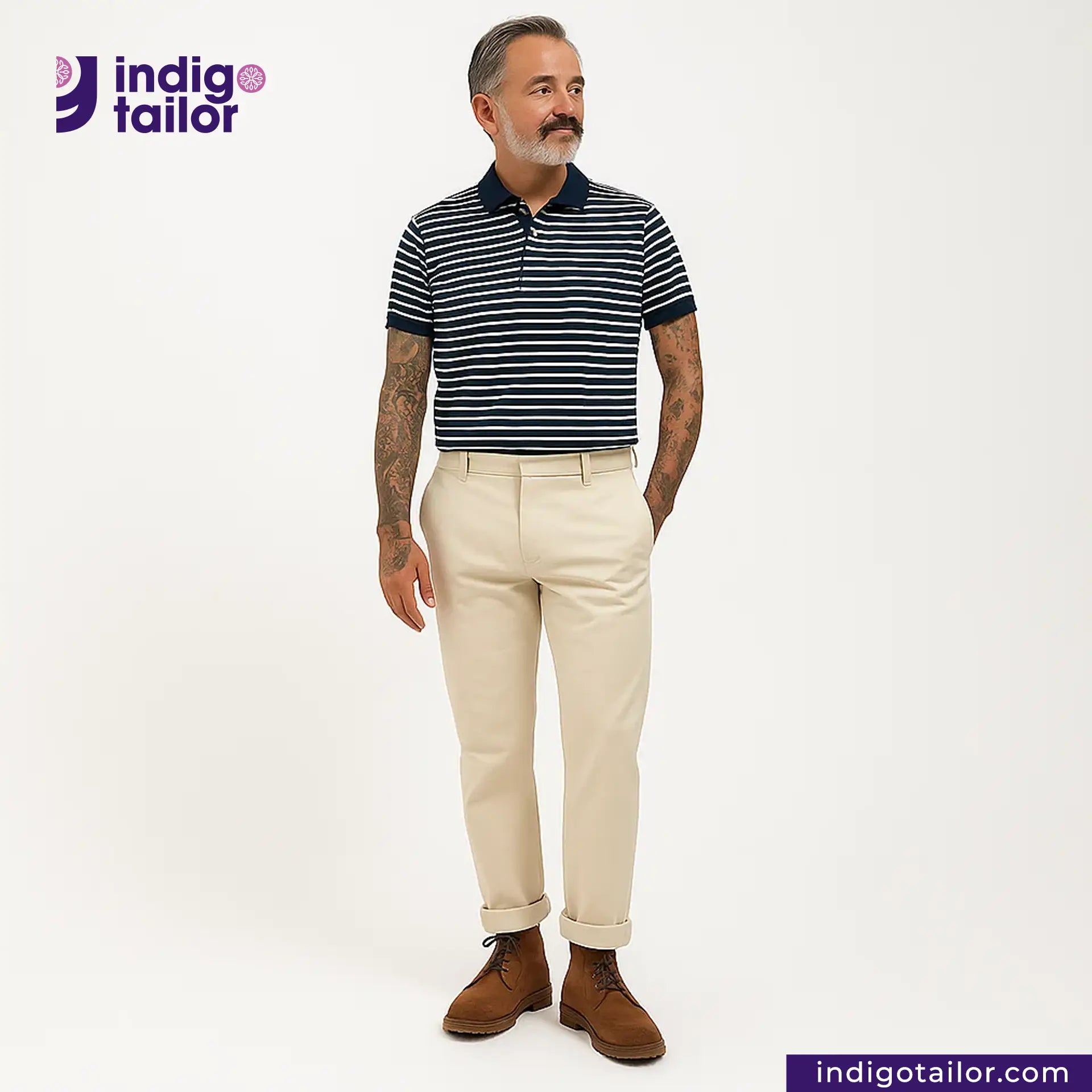 Man wearing a striped polo shirt and Officer Trousers (Off-White) pants with 'Indigo Tailor' logo.