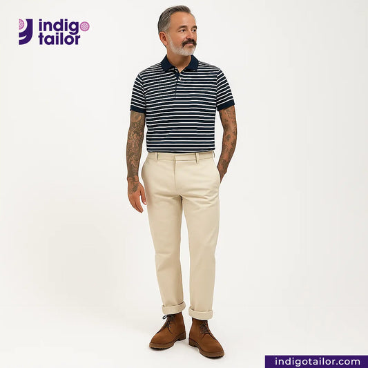 Man wearing a striped polo shirt and Officer Trousers (Off-White) pants with 'Indigo Tailor' logo.