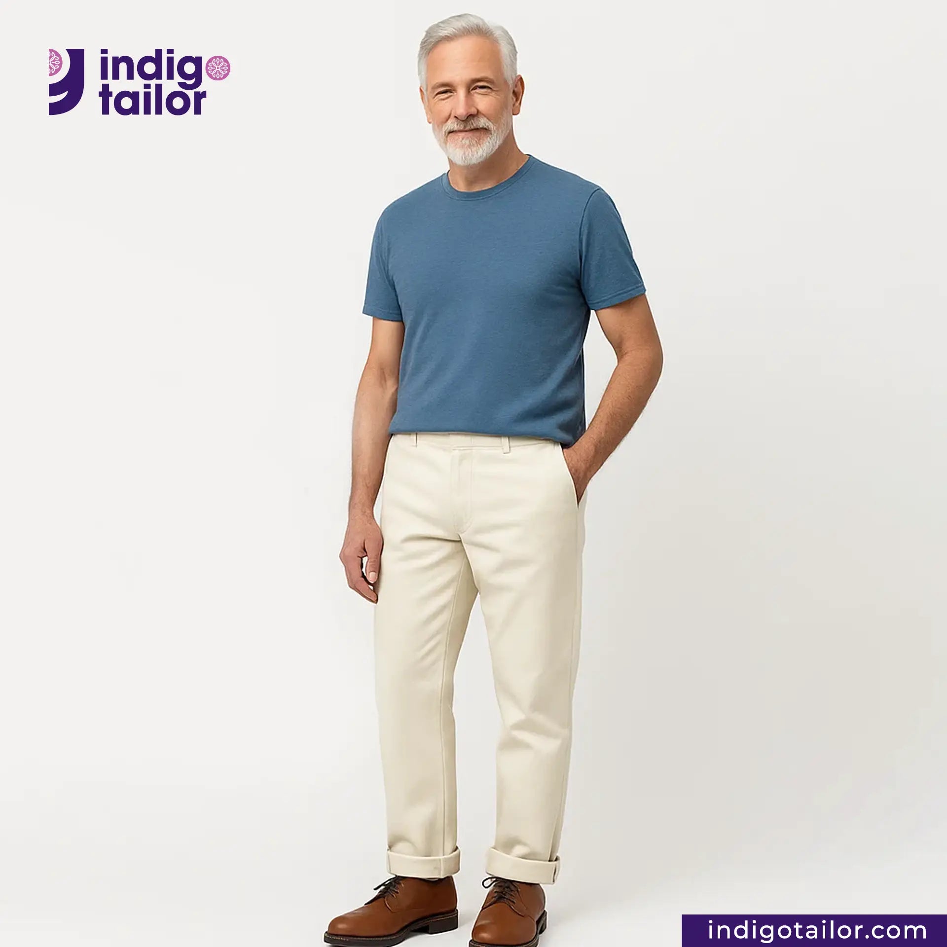 Man wearing a blue shirt and Officer Trousers (Off-White) pants with 'Indigo Tailor' logo.