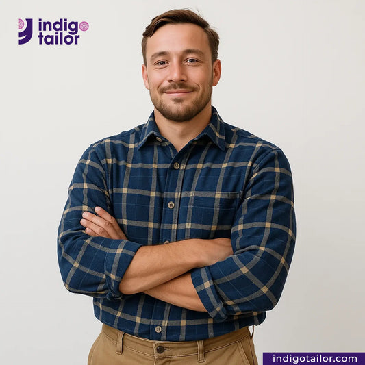 Man wearing a PLAID FLANNEL DEEP INDIGO NAVY/BEIGE shirt with arms crossed, standing against a plain background with 'Indigo Tailor' branding.