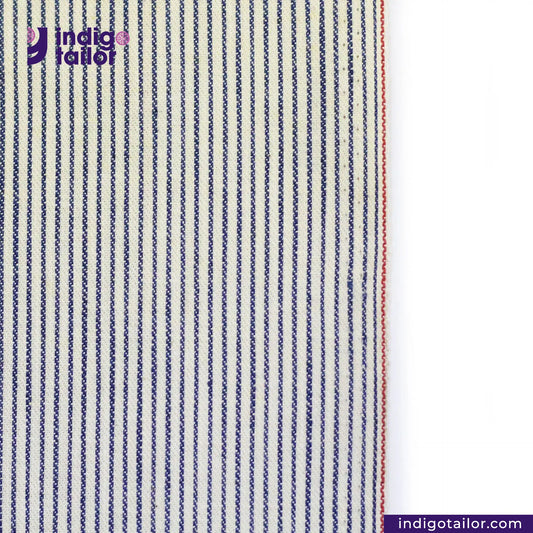 RAILROAD SELVEDGE HICKORY fabric with blue and white stripes on a white background, featuring the Indigotailor logo.
