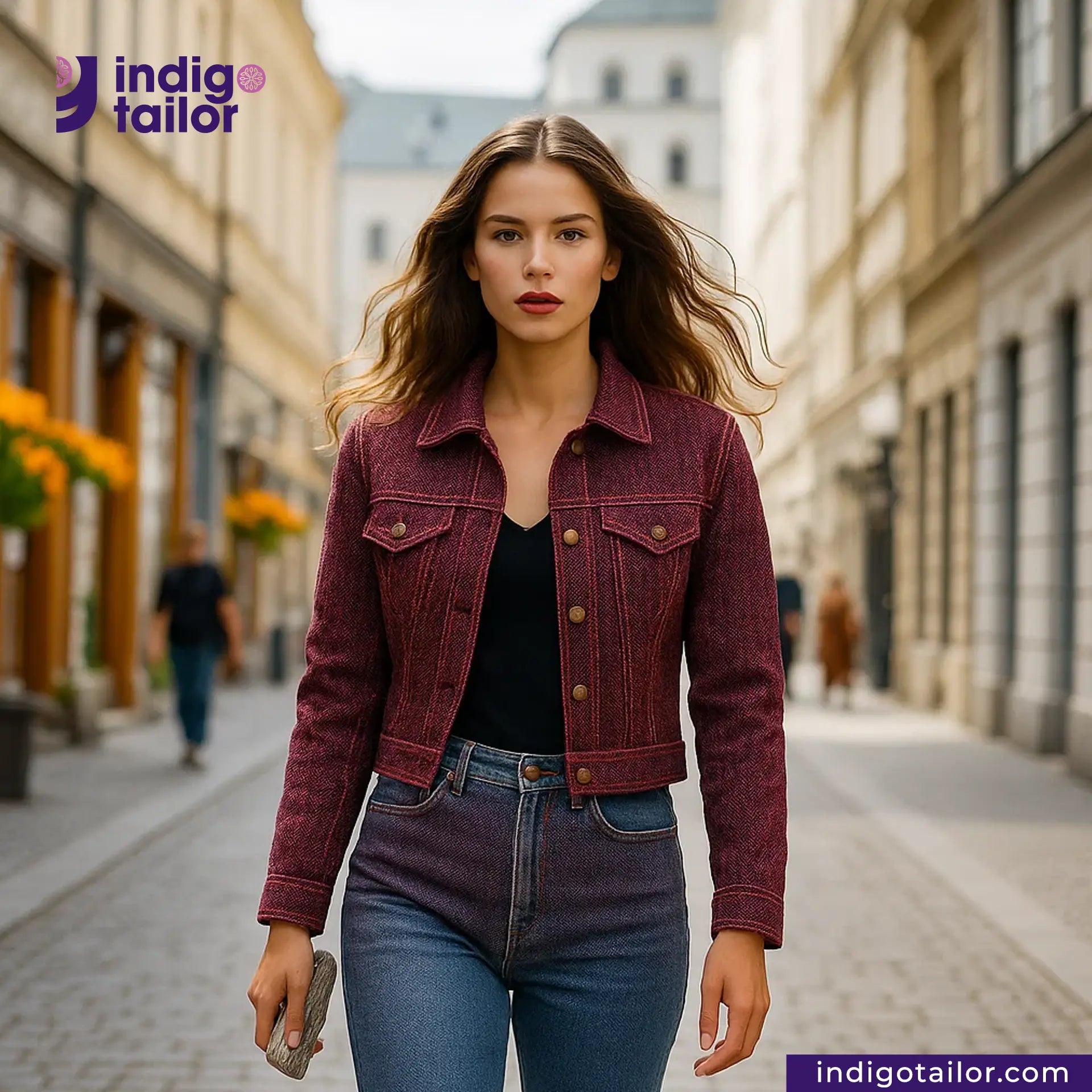 Woman wearing a RED SASHIKO jacket and blue jeans on a city street with 'indigotailor' branding.