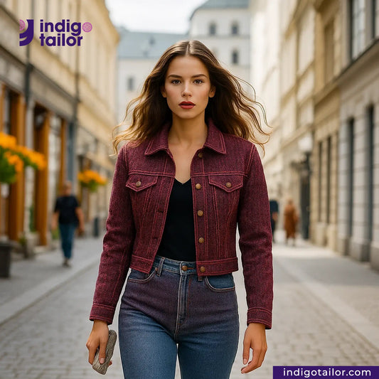 Woman wearing a RED SASHIKO jacket and blue jeans on a city street with 'indigotailor' branding.