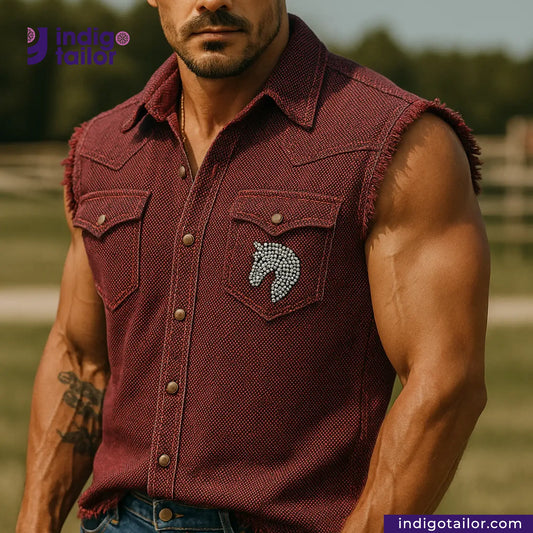Man wearing a RED SASHIKO sleeveless shirt with a horse emblem on a blurred outdoor background