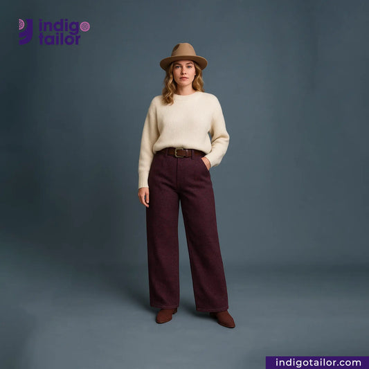 Person wearing a beige sweater, brown hat, and RED SASHIKO pants on a gray background with 'Indigotailor' branding.