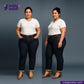 Two women wearing white t-shirts and RIGID INDIGO SELVEDGE DENIM jeans with 'indigotailor' branding.