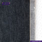 Close-up of ROUGH-SPUN DENIM FUZZY HANDFEEL fabric with a visible brand logo on a white background