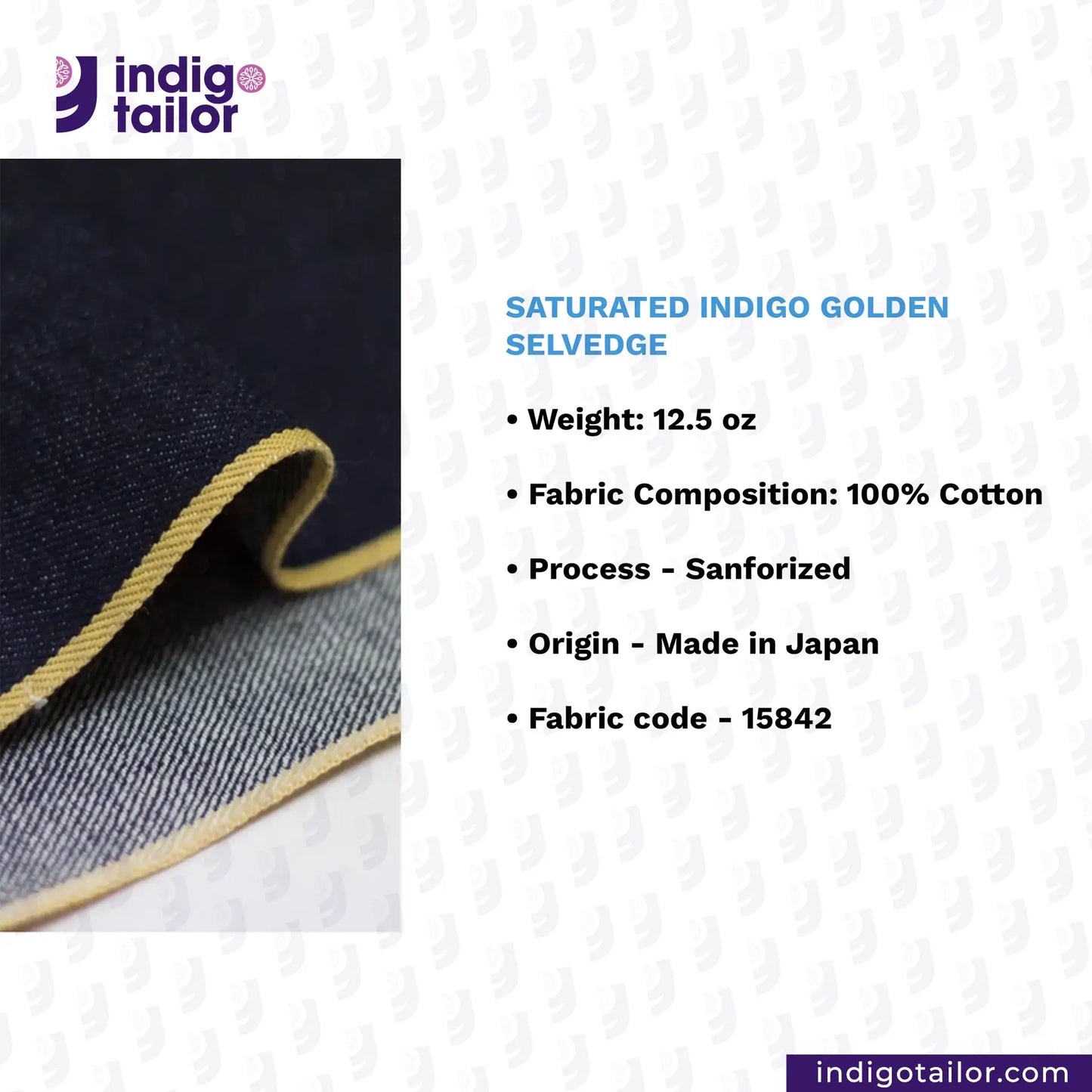 SATURATED INDIGO GOLDEN SELVEDGE fabric with selvedge details and product specifications on a white background.