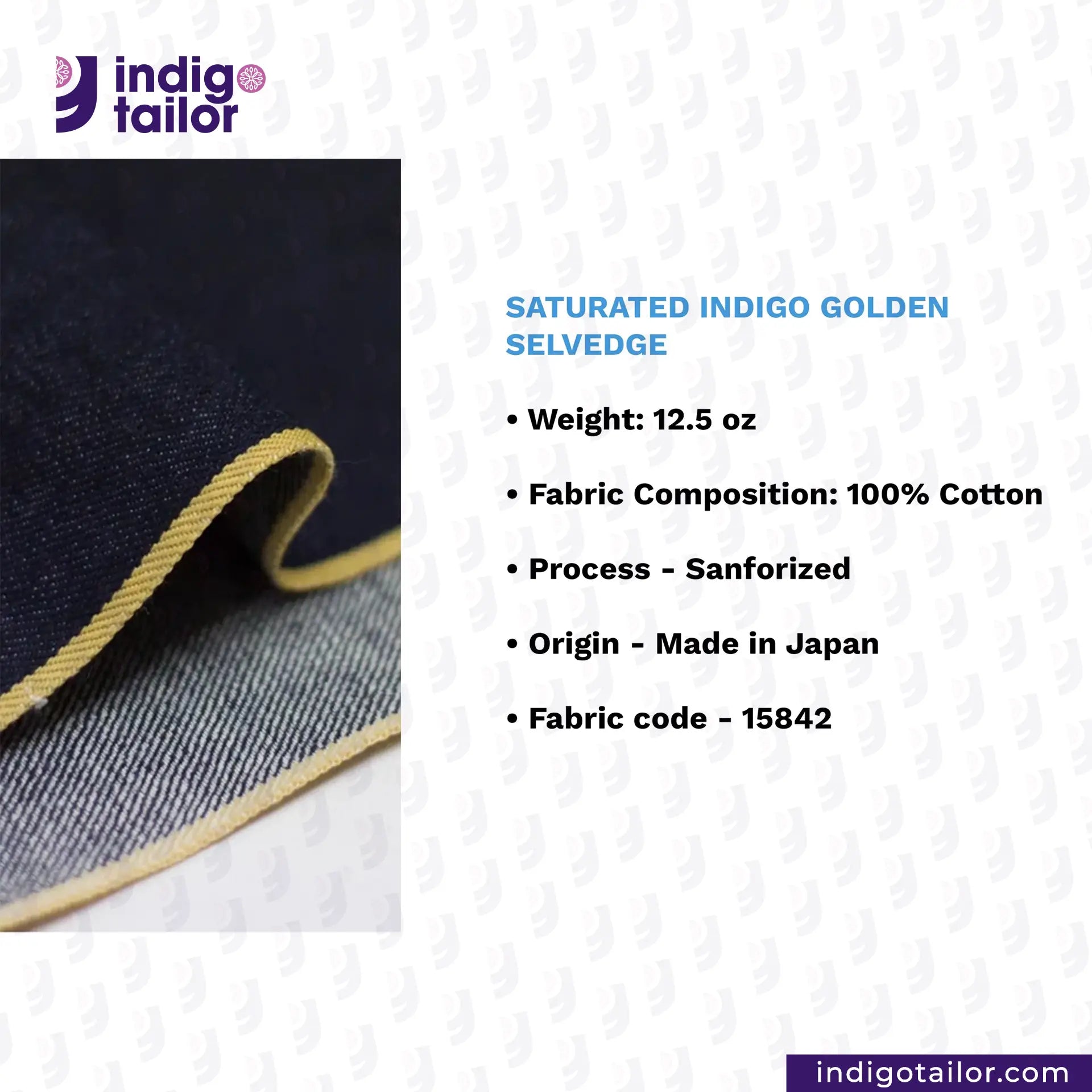 SATURATED INDIGO GOLDEN SELVEDGE fabric with selvedge detail and product information on a white background