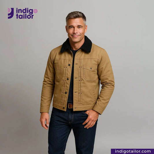 Man wearing a SHERPA LINED WAXED CANVAS TRUCKER JACKET with black collar, standing against a gray background with 'Indigo Tailor' branding.
