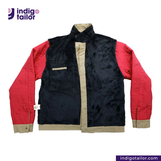 SHERPA LINED WAXED CANVAS TRUCKER JACKET inside with beige trim on a white background, featuring the Indigotailor logo.