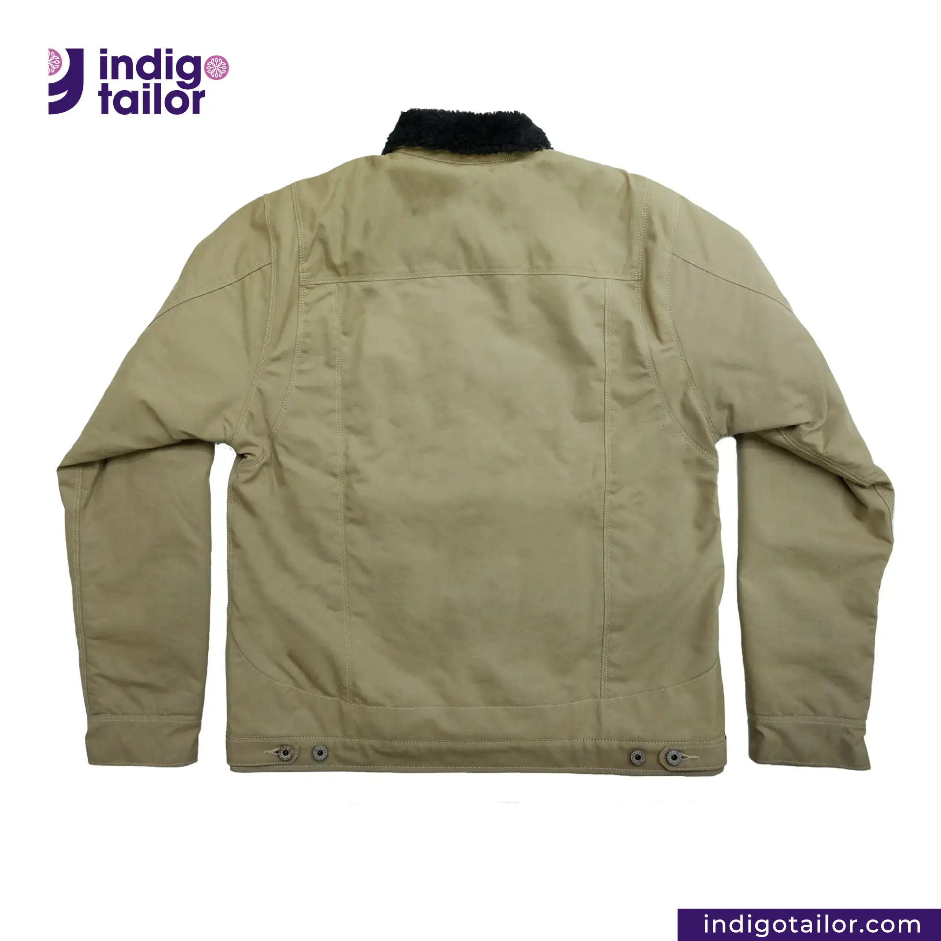 SHERPA LINED WAXED CANVAS TRUCKER JACKET with black collar on a white background, featuring 'Indigo Tailor' logo.