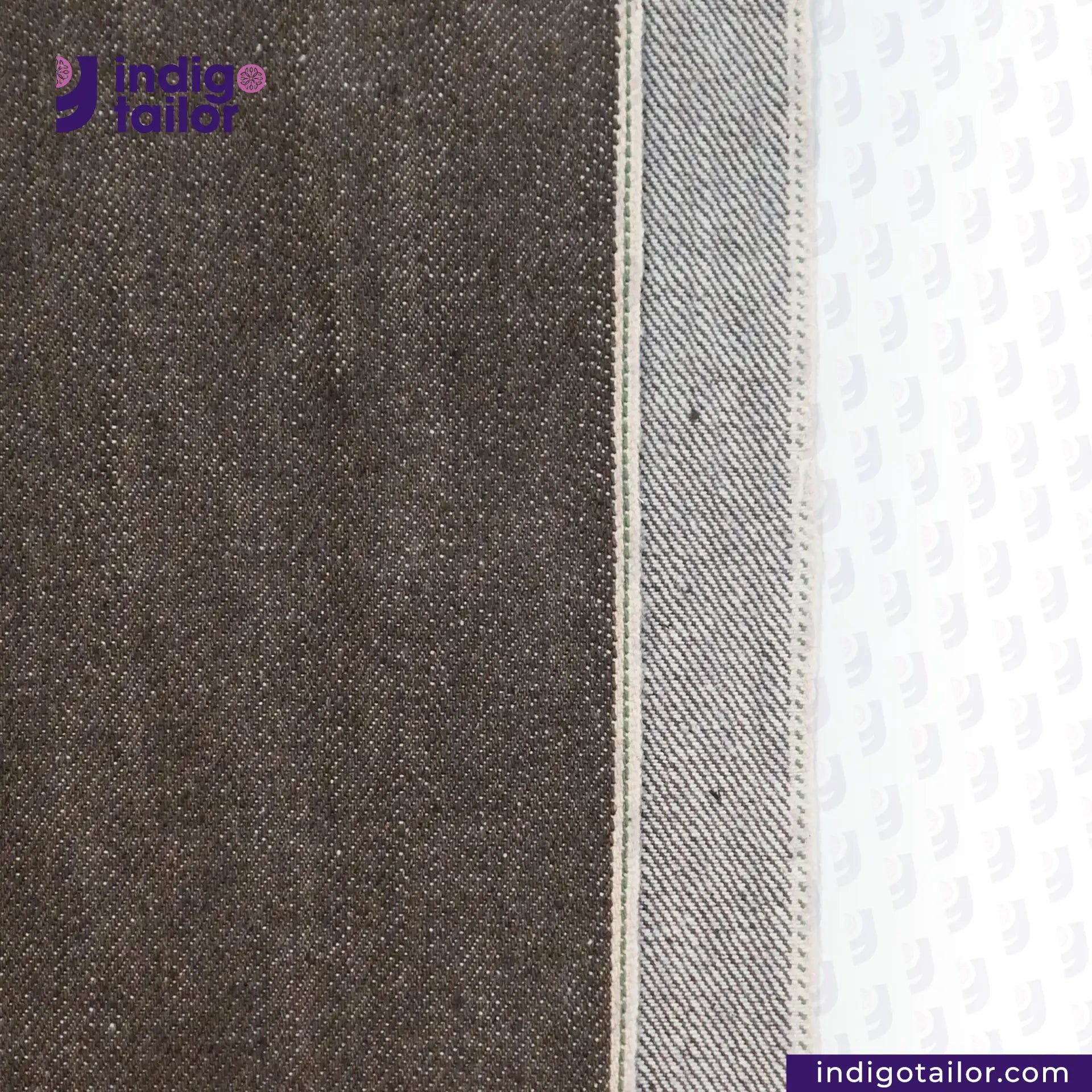 Close-up of SLUBBY BROWN SELVEDGE DENIM fabric with 'Indigotailor' logo.