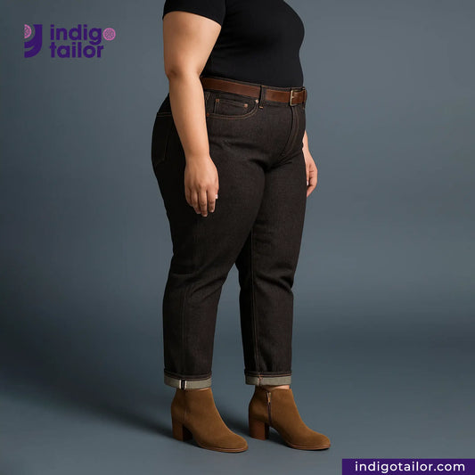 Person wearing SLUBBY BROWN SELVEDGE DENIM jeans and brown boots on a gray background with 'Indigotailor' branding.