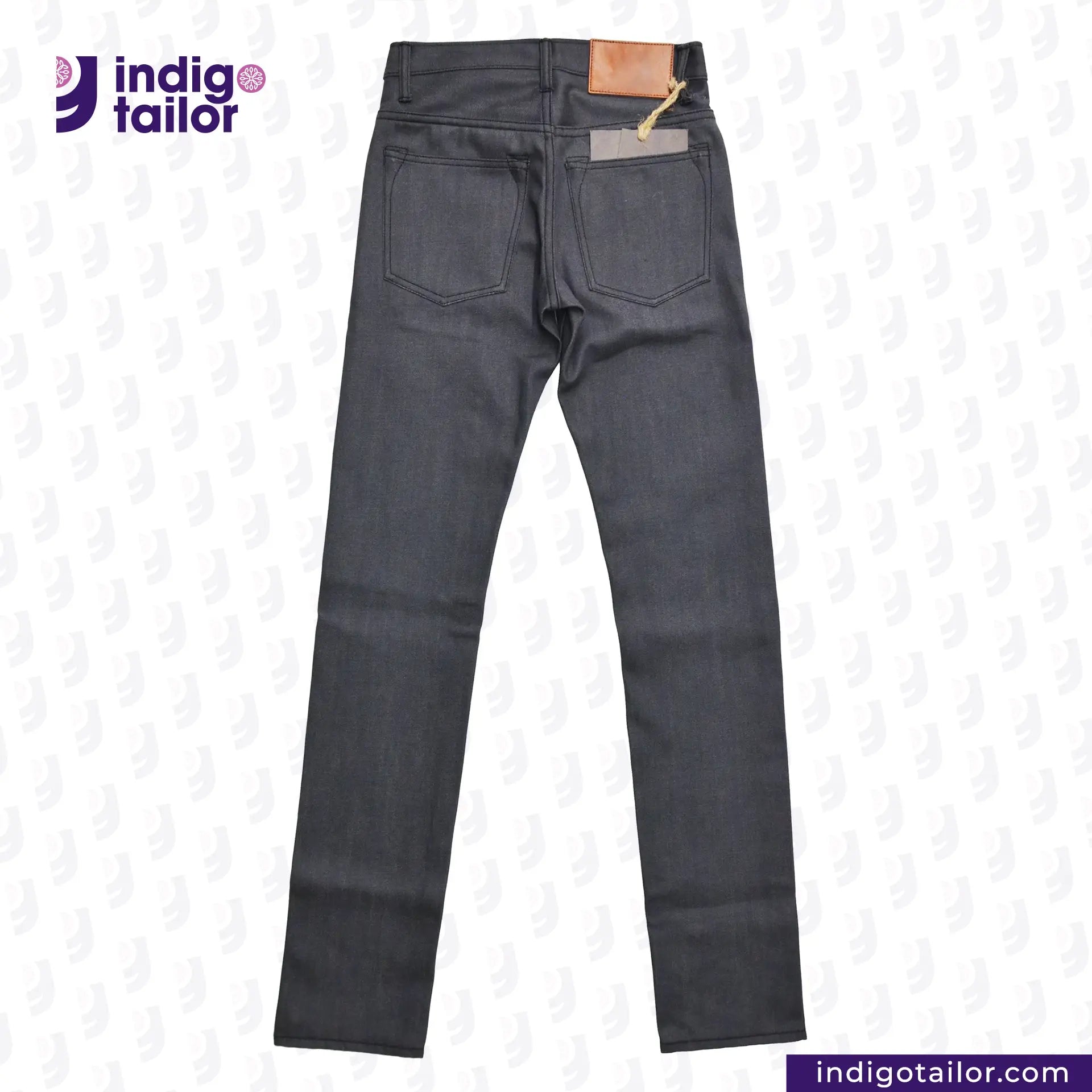 SMOKE GREY DENIM jeans on a white background with 'Indigotailor' branding.