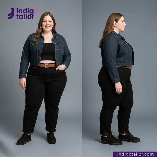 Woman wearing a SMOOTH DOUBLE BLACK SELVEDGE DENIM BURNT ORANGE ID jacket and black pants, standing and facing different directions on a gray background with 'Indig Tailor' branding.