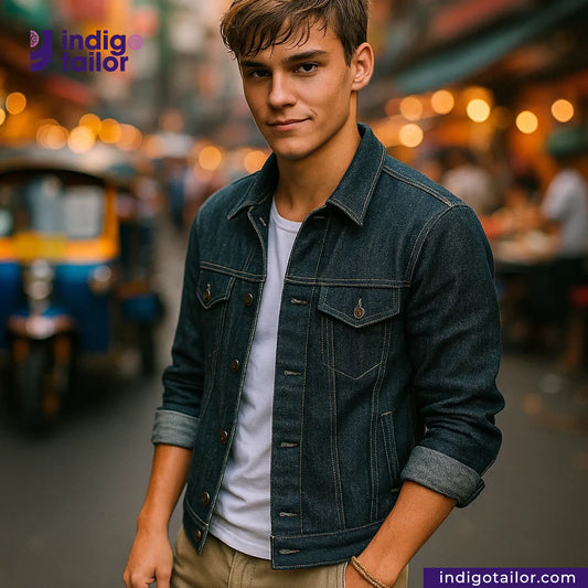 Man wearing a SNOWY NEPPY WHITE SELVEDGE DENIM jacket on a street with blurred background