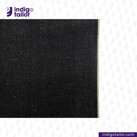 SNOWY NEPPY WHITE SELVEDGE DENIM fabric swatch with Indigotailor logo and website on a white background