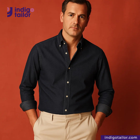 Man wearing a SNOWY SELVEDGE DENIM shirt and beige pants against a red background with 'Indigotailor' branding.