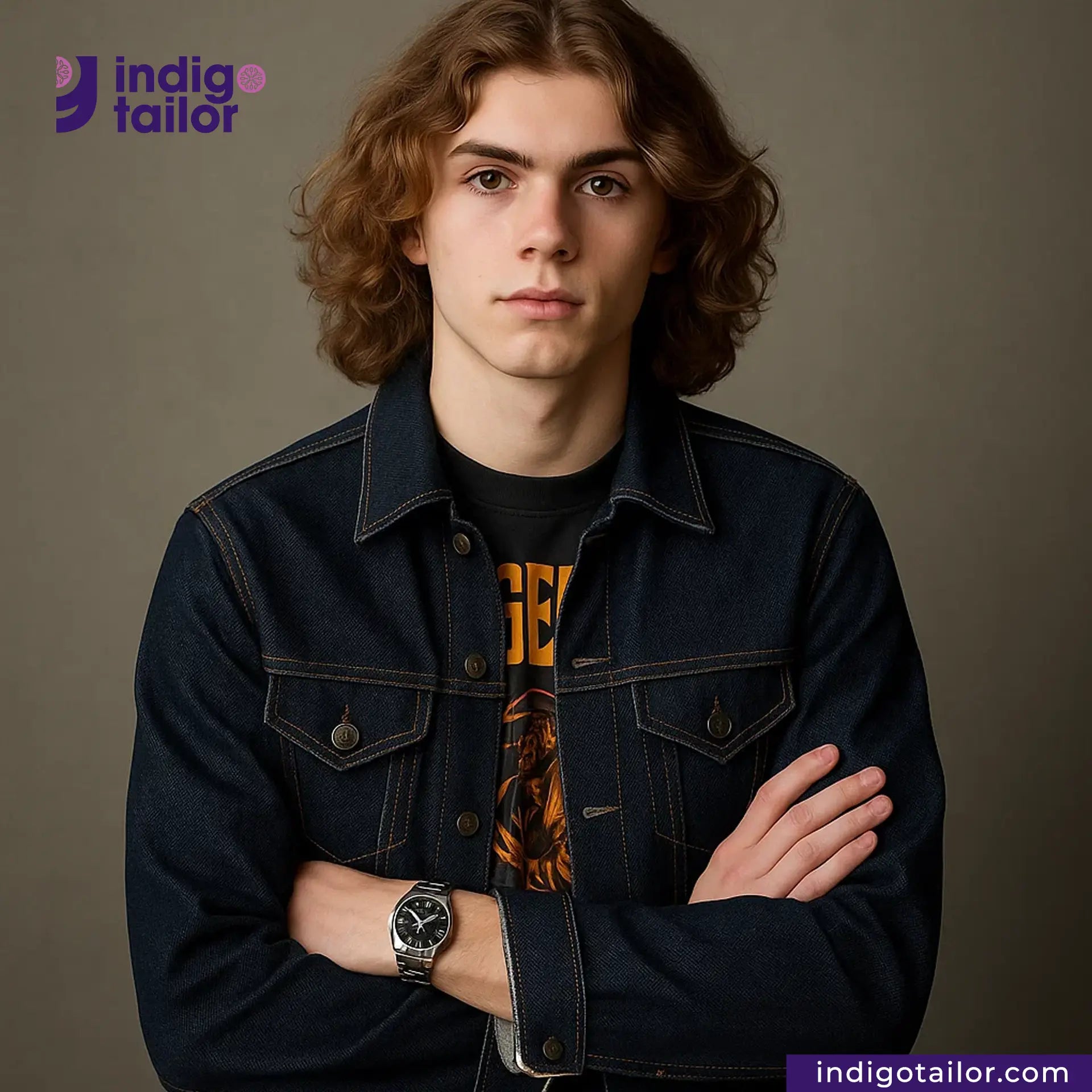 Person wearing a SNOWY SELVEDGE DENIM jacket with 'Indigotailor' logo in the corner