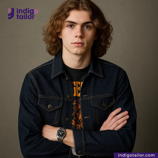 Person wearing a SNOWY SELVEDGE DENIM jacket with 'Indigotailor' logo in the corner