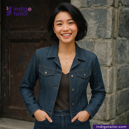 Woman wearing a SPACE GREY DENIM jacket standing against a stone wall with 'Indigo Tailor' branding.