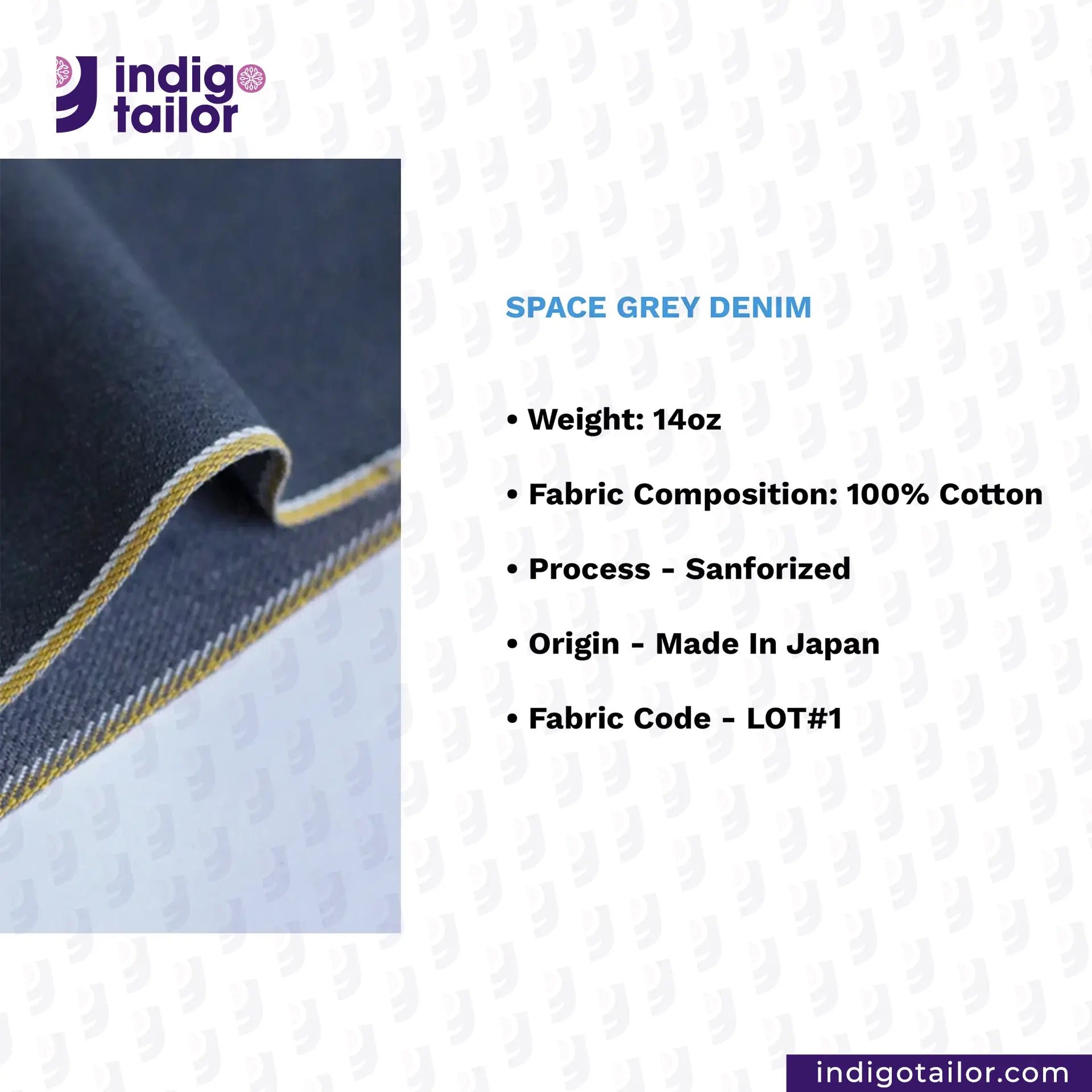 Space Grey Denim fabric with product details on a light gray background