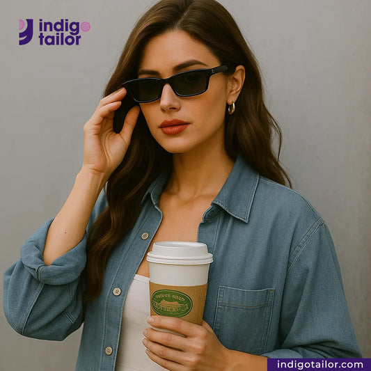 Woman wearing sunglasses and holding a coffee cup with Indigotailor logo. wearing SUMMER INDIGO SELVEDGE CHAMBRAY denim shirt