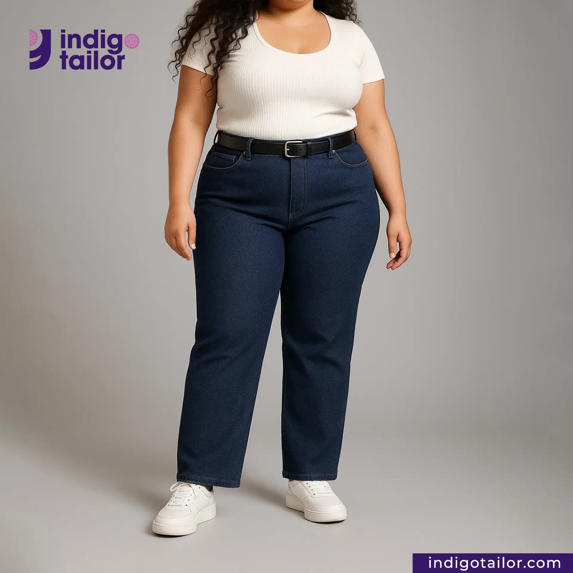 Person wearing SUMMER SASHIKO DOBBY jeans and a white top with 'Indigo Tailor' branding.