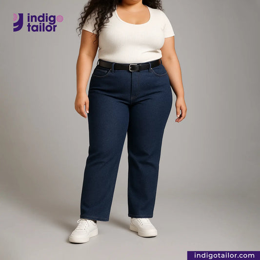 Person wearing SUMMER SASHIKO DOBBY jeans and a white top with 'Indigo Tailor' branding.