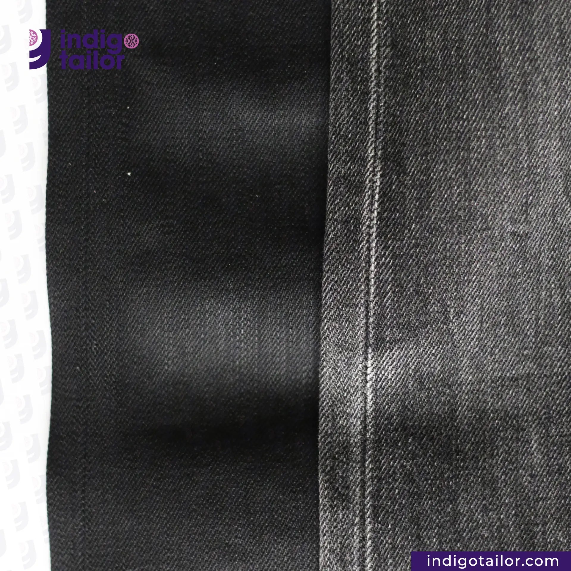 Close-up of SUPER BLACK DENIM fabric with 'Indigotailor' branding.