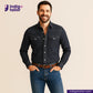 Man wearing a SUPER SOFT FLUFFY SELVEDGE DENIM shirt and jeans with 'Indigo Tailor' logo.
