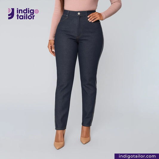 Person wearing SUPER SOFT FLUFFY SELVEDGE DENIM jeans with a plain background and 'Indigotailor' branding.