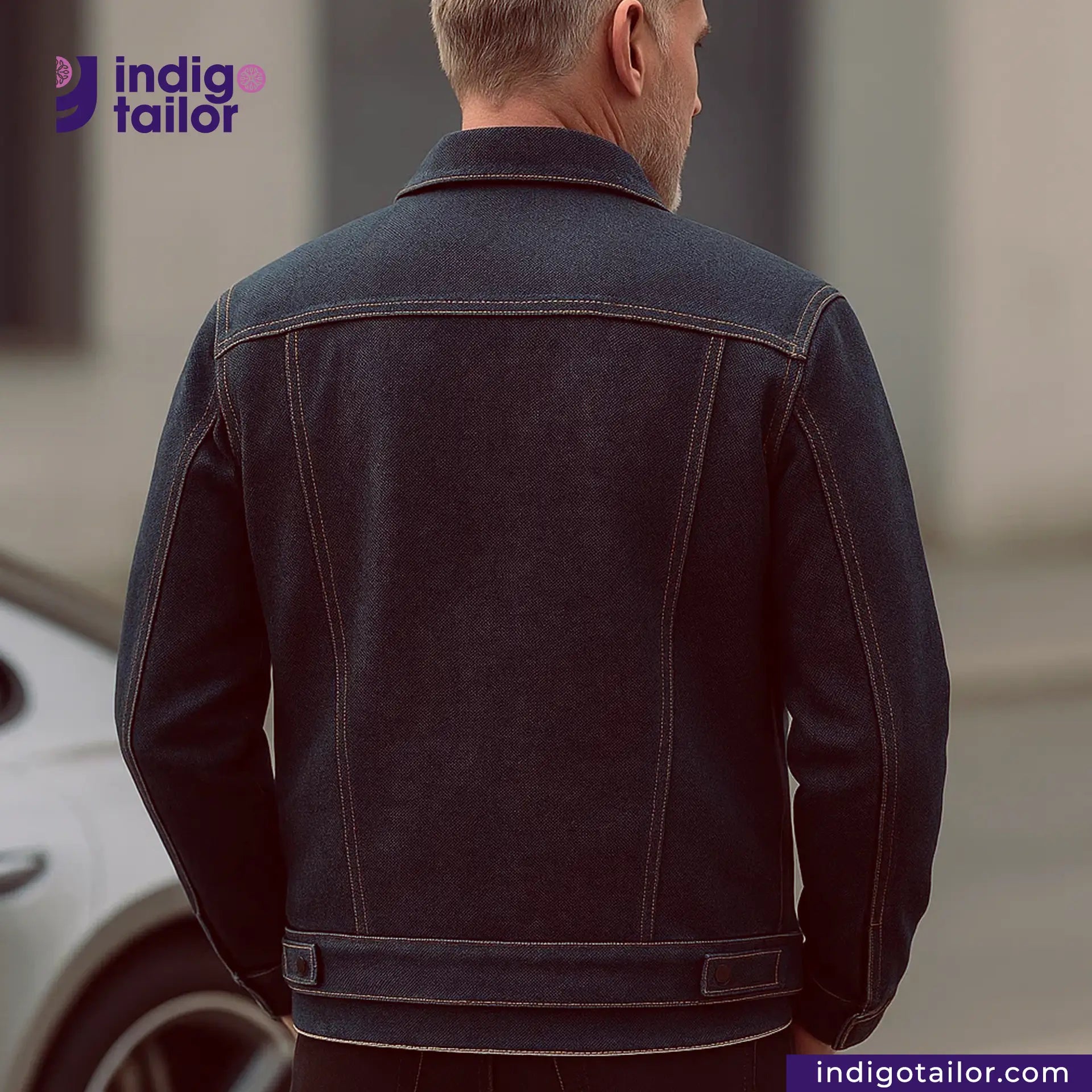 Man wearing a SUPER SOFT FLUFFY SELVEDGE DENIM jacket with 'indigotailor' branding in the background.