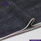 Close-up of SUPER SOFT FLUFFY SELVEDGE DENIM fabric with visible stitching on a white background, featuring the Indigotailor logo.