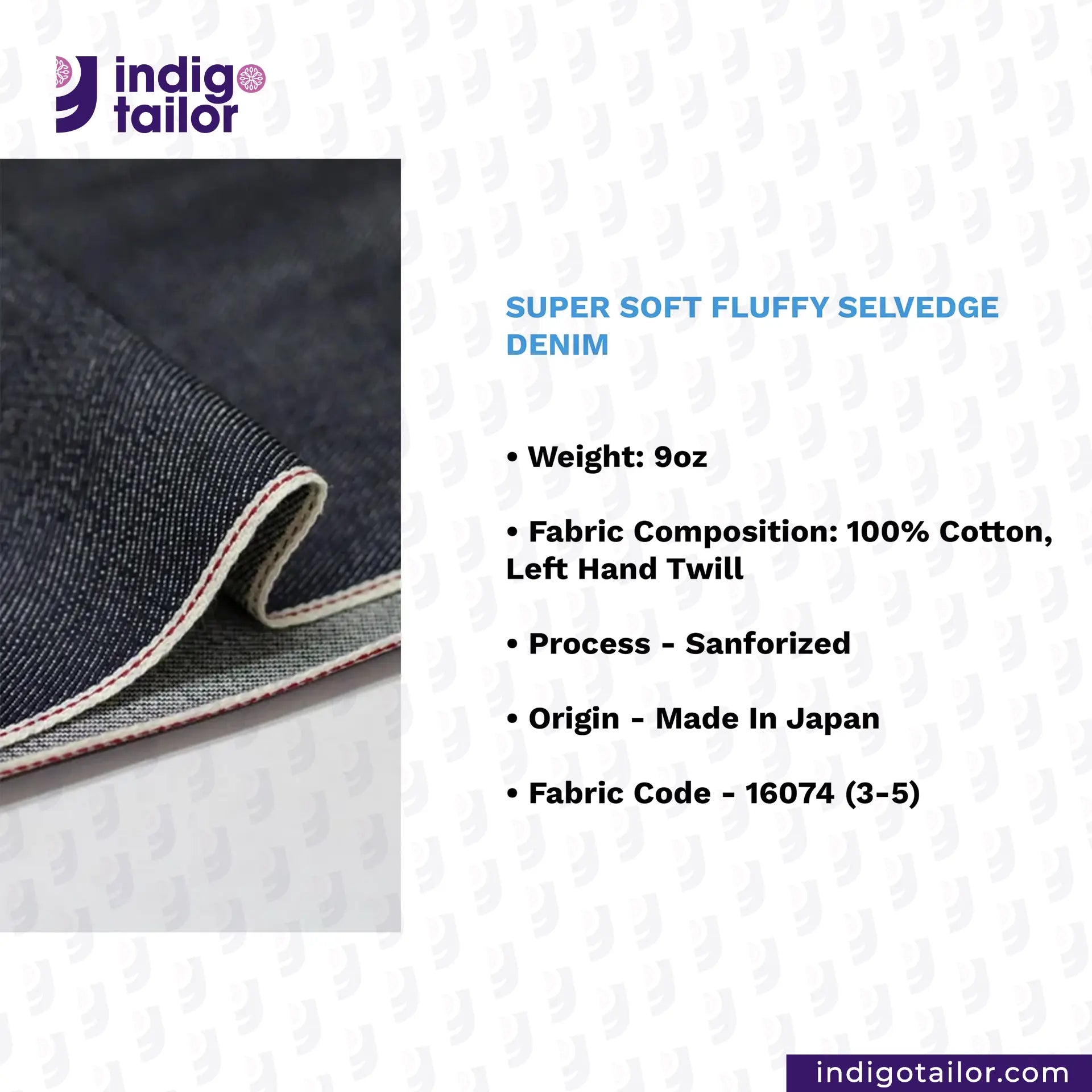 Super soft fluffy selvedge denim fabric with product details on a white background